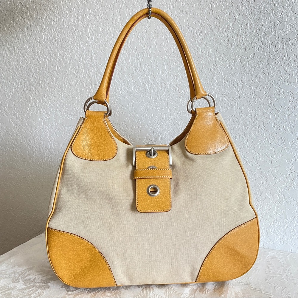 Prada khaki canvas leather hobo bag